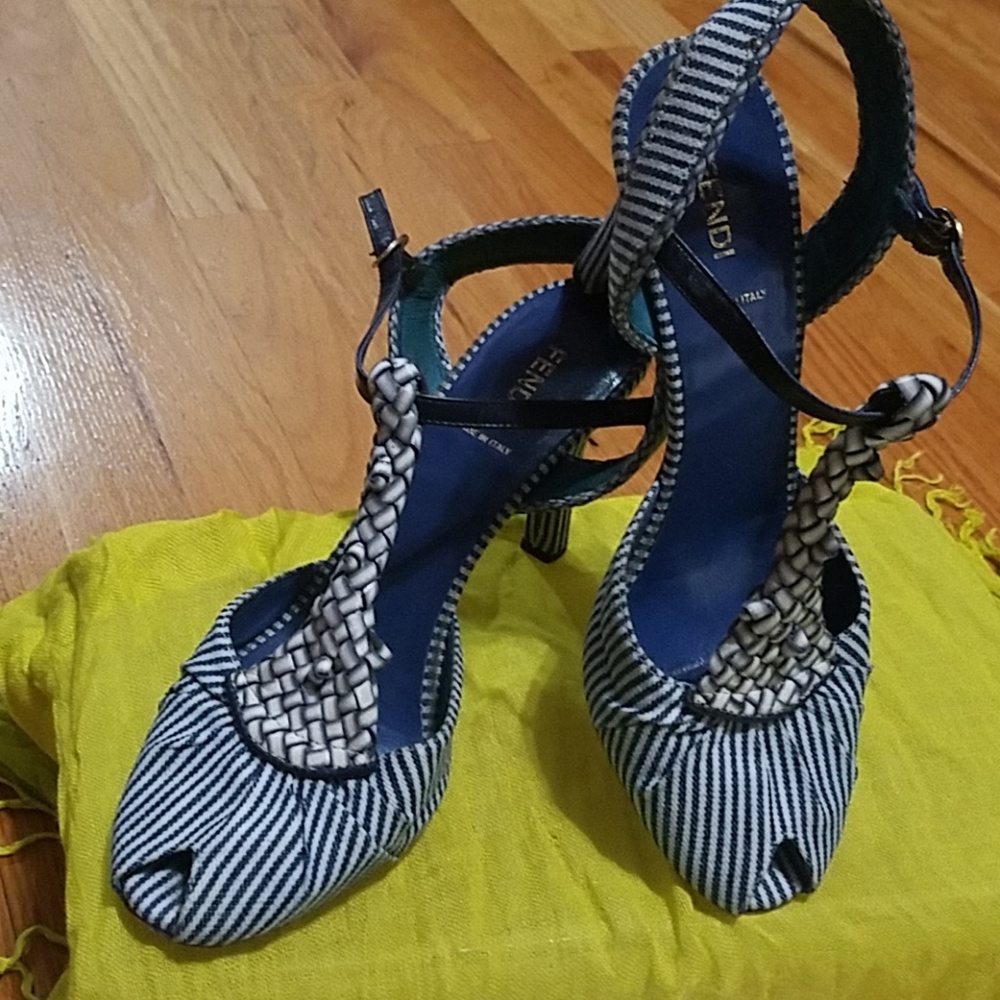 Fendi Spy Collection striped denim with leather t-strap sandals